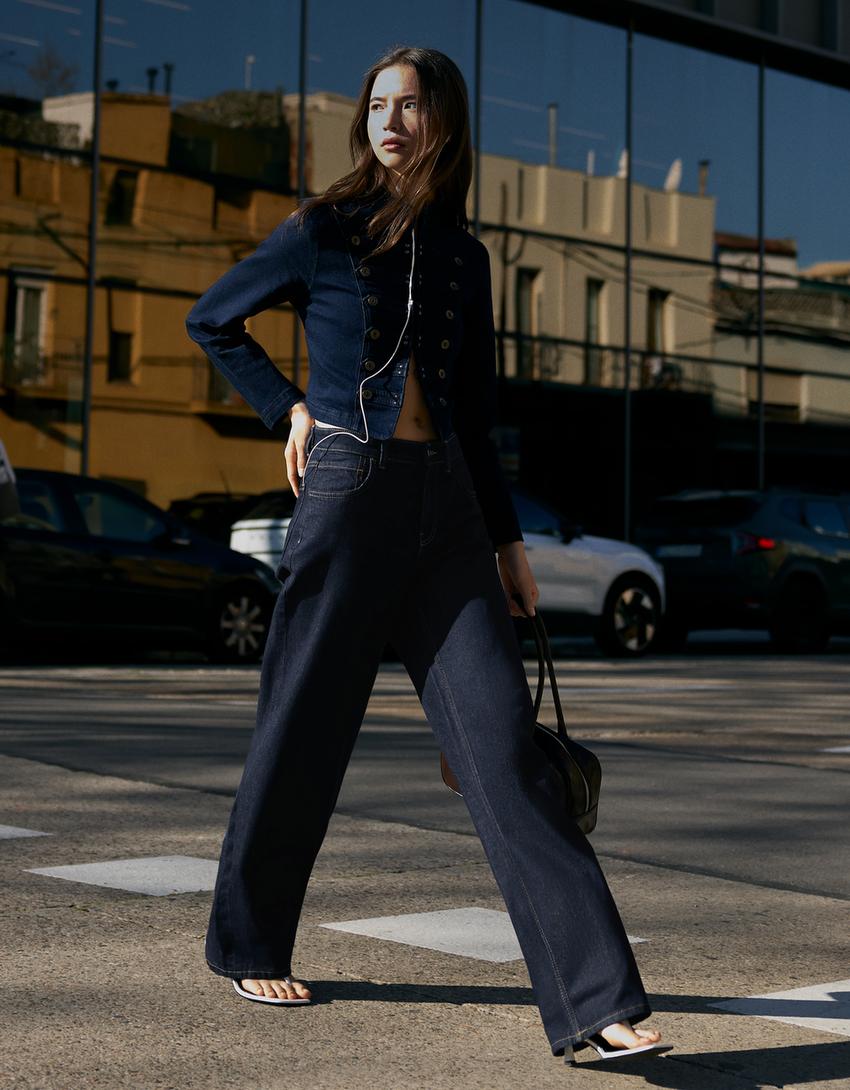 Straight jeans met hoge taille en wijde pijpen-Blauw