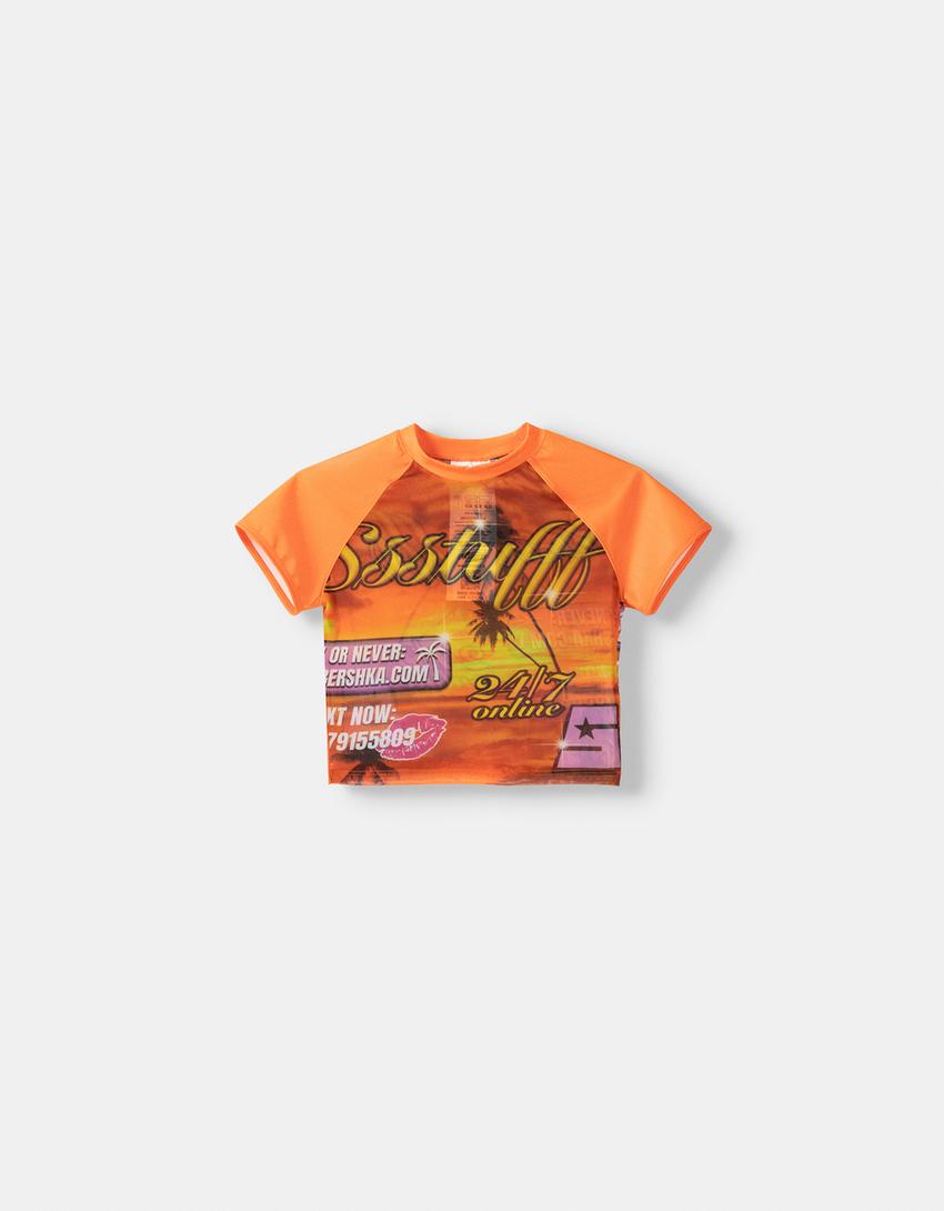 SSSTUFFF x BERSHKA print tulle short sleeve T-shirt-Orange-3