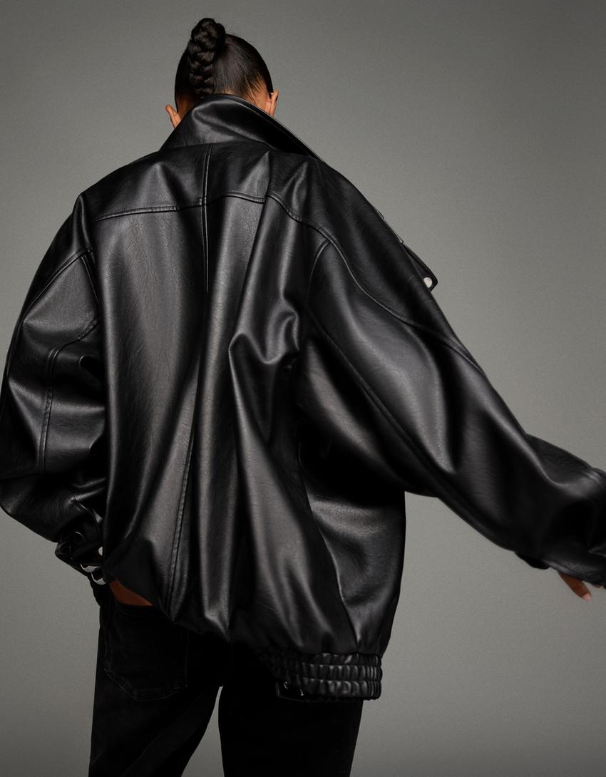 Giacca oversize finta pelle-Nero-2