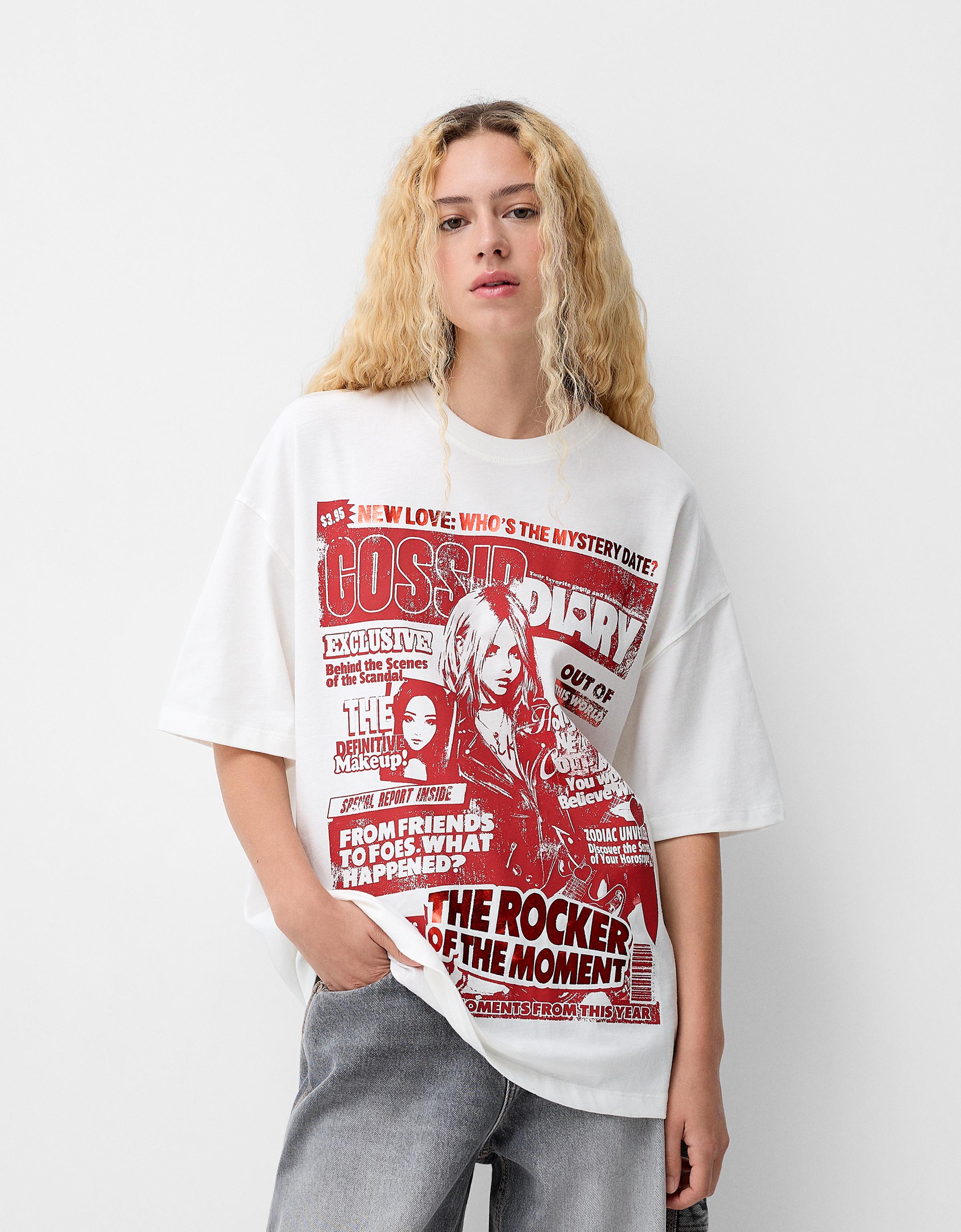 Bershka T-Shirt Mit Print Damen M Grbrochenes Weiss