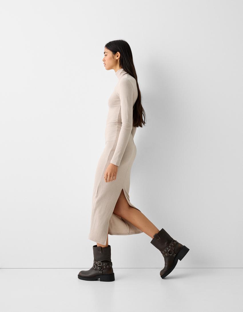 Ribbed knit high neck dress with long sleeves-Sand