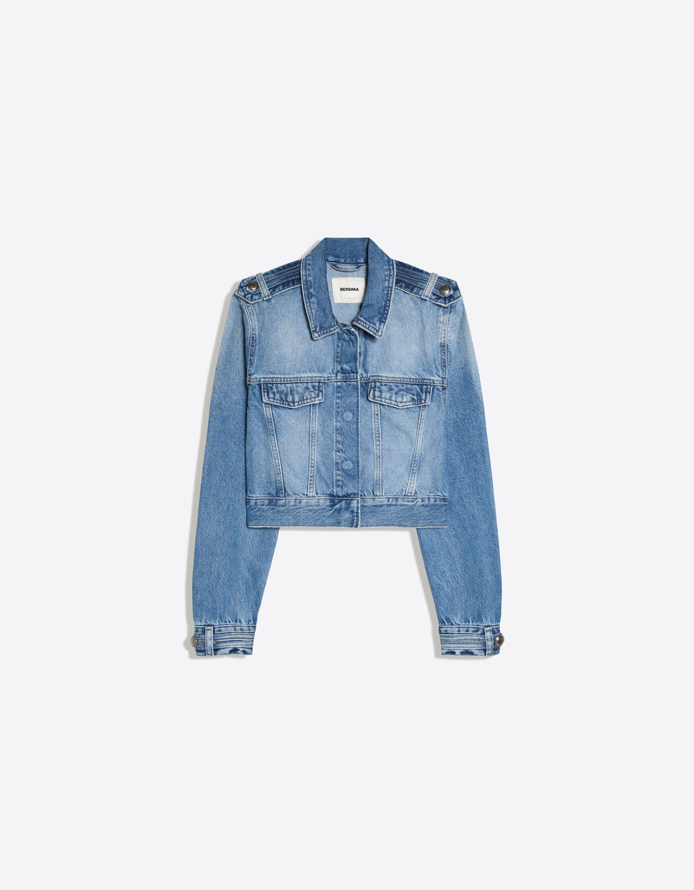 Bershka Chaqueta Denim Cropped Mujer Azul Lavado
