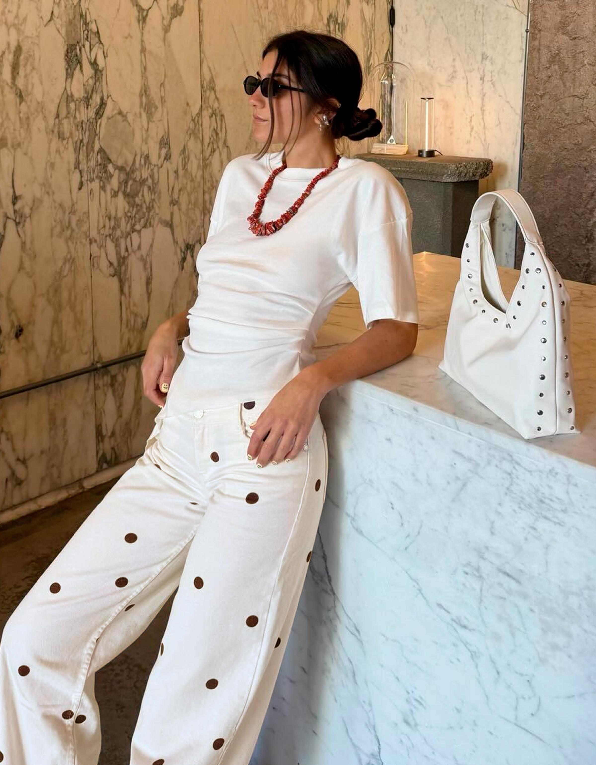 Puantiye desenli geniş paça jean - Görsel 30