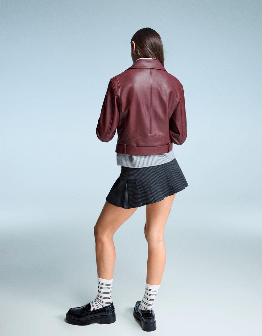 Cazadora biker efecto piel-Burdeos