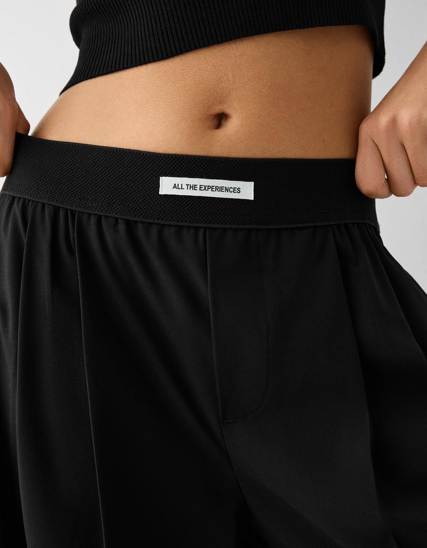 Wide-leg tailored fit trousers with elastic waist-Black-6