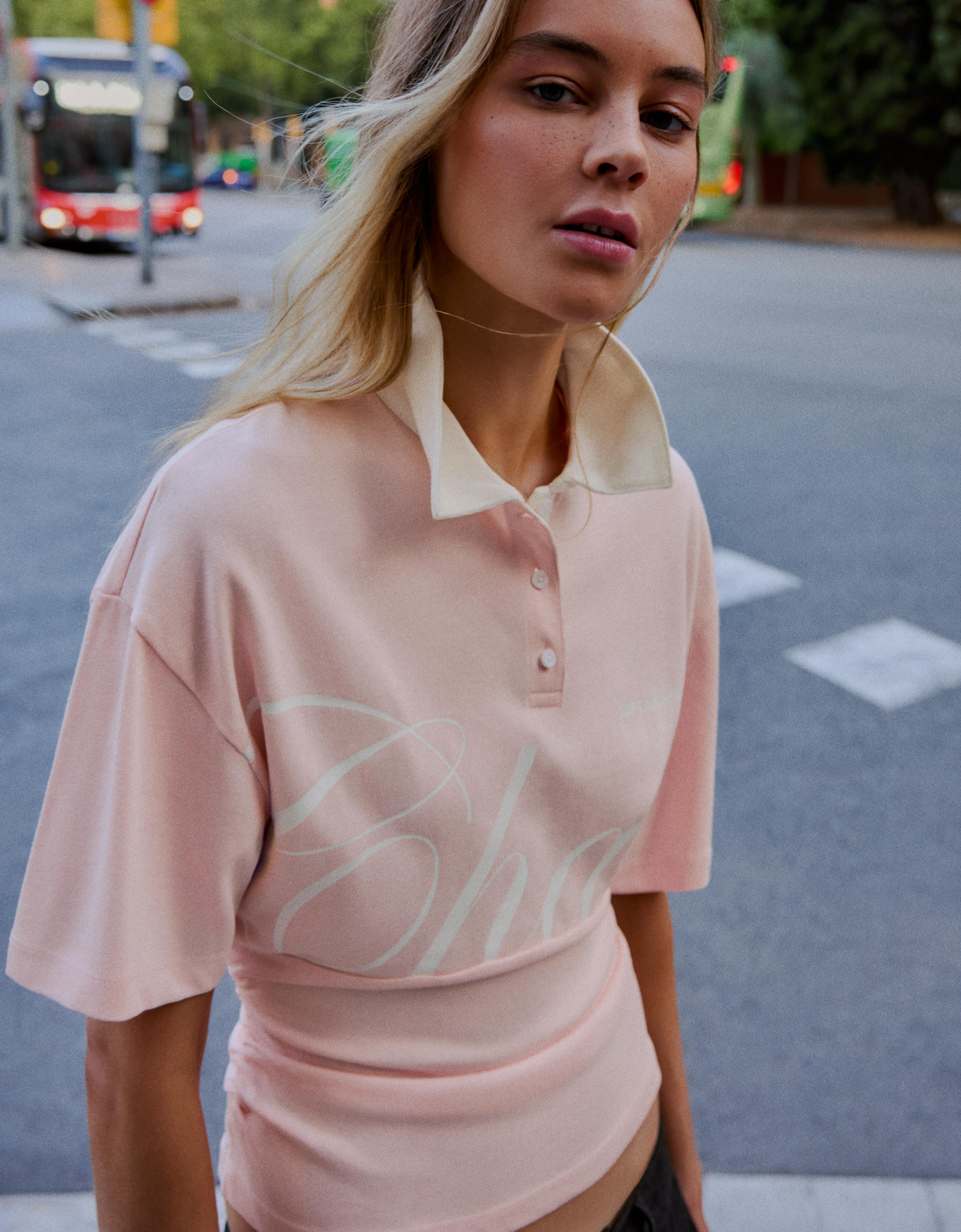Short sleeve sash print polo shirt — Pink