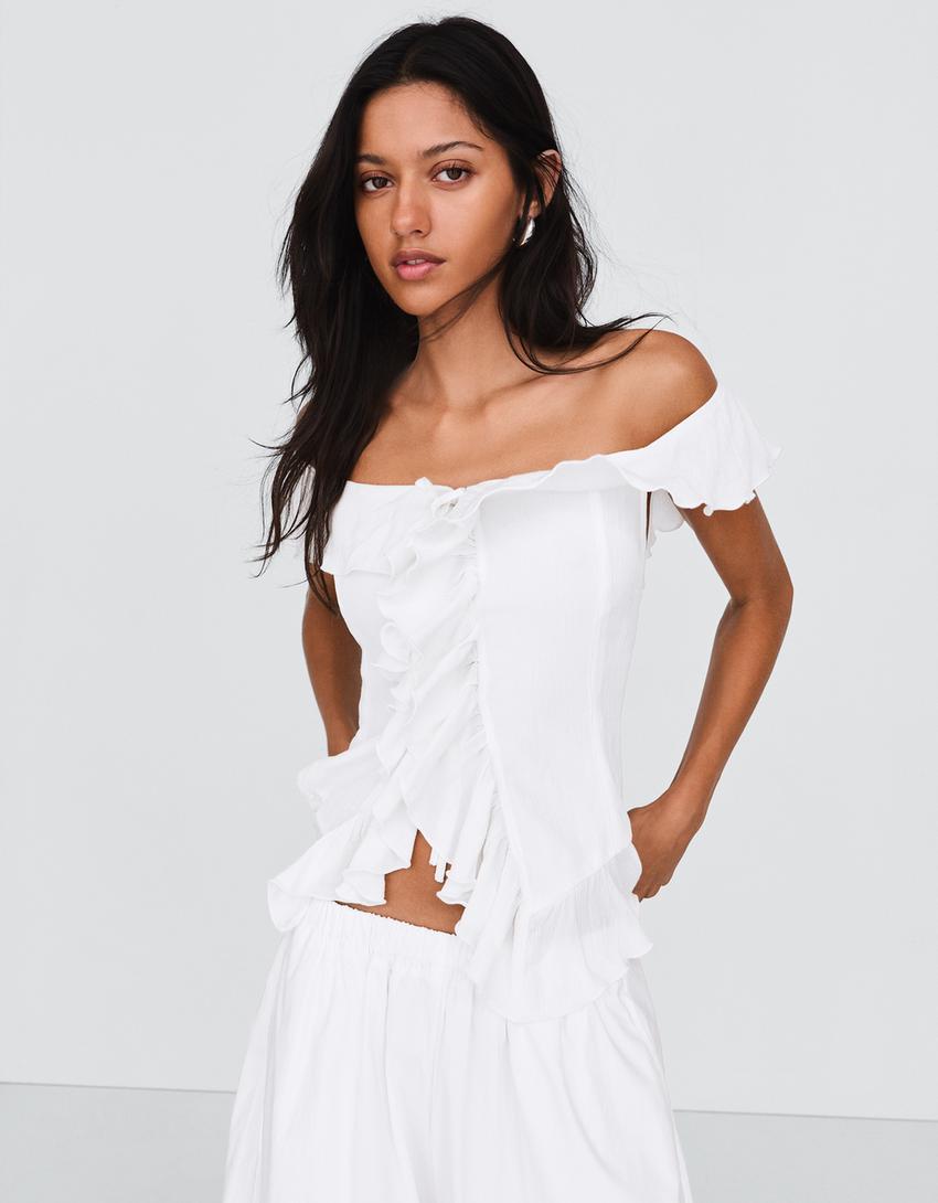 Bardot ruffled top-White