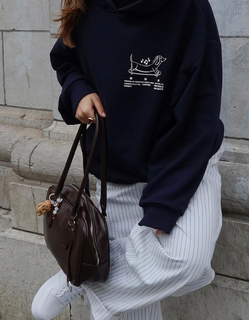 Baskılı kapüşonlu sweatshirt-Denizci mavisi