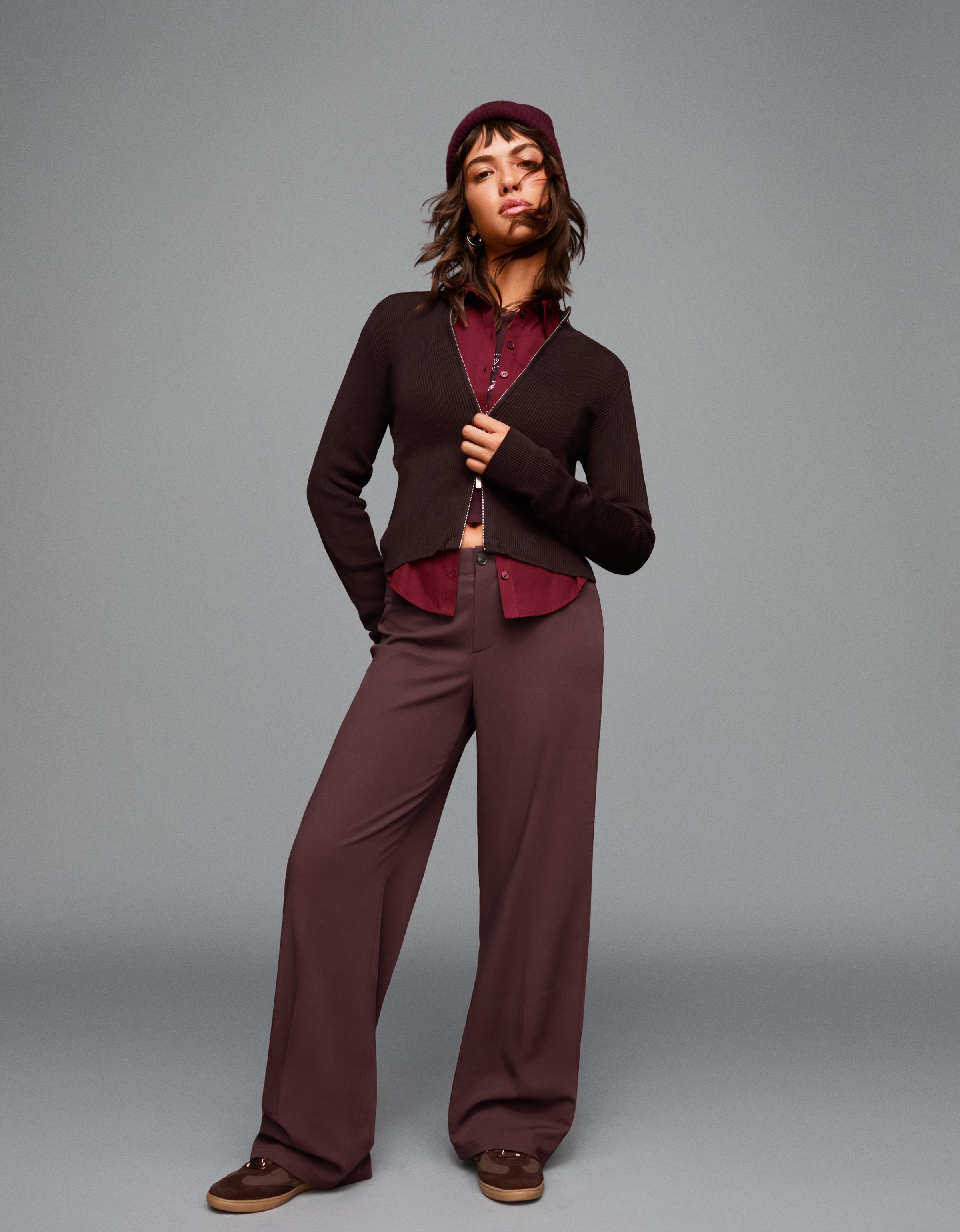 Bershka Hose Mit Weitem Bein Damen 40 Bordeaux