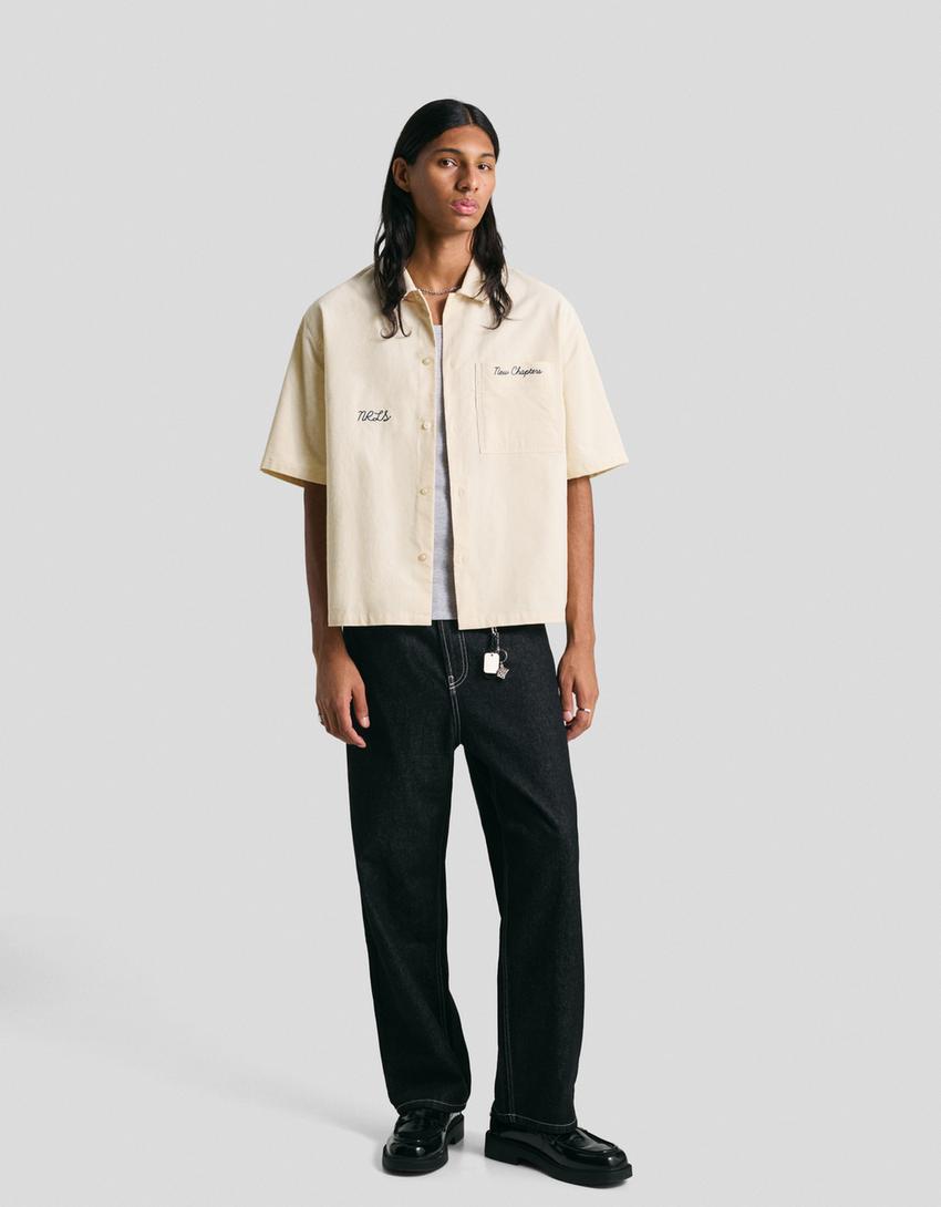 Short-sleeve embroidered corduroy shirt-Cream