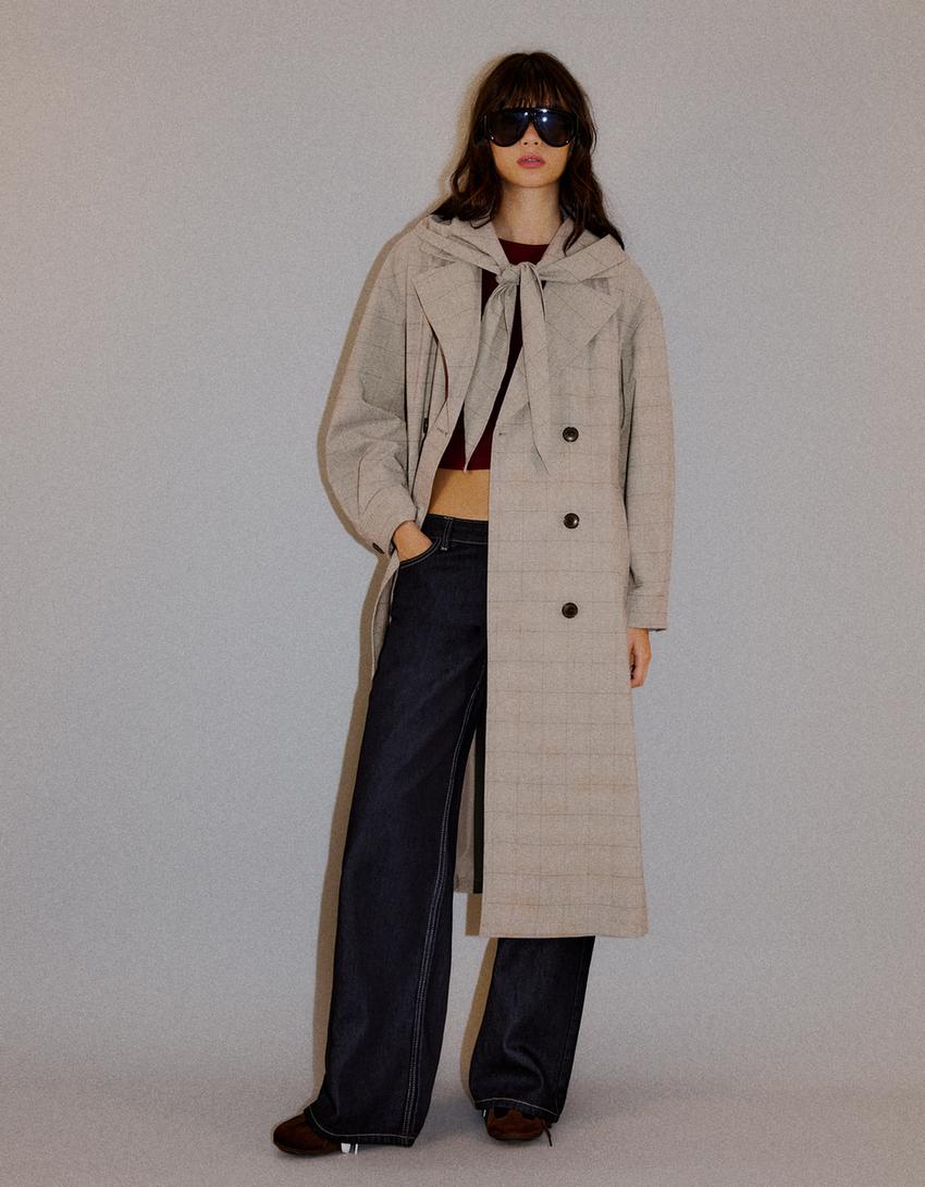 Long check scarf trench coat-Dark grey