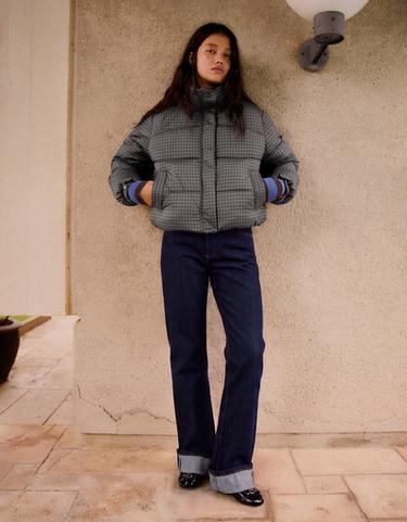 Oversize water repellent check puffer jacket. — Brown 5