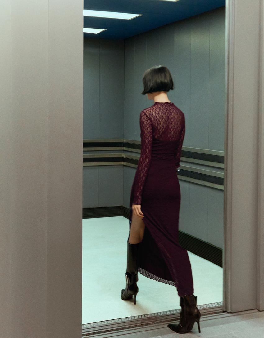 Blonde lace long-sleeve midi dress-Burgundy