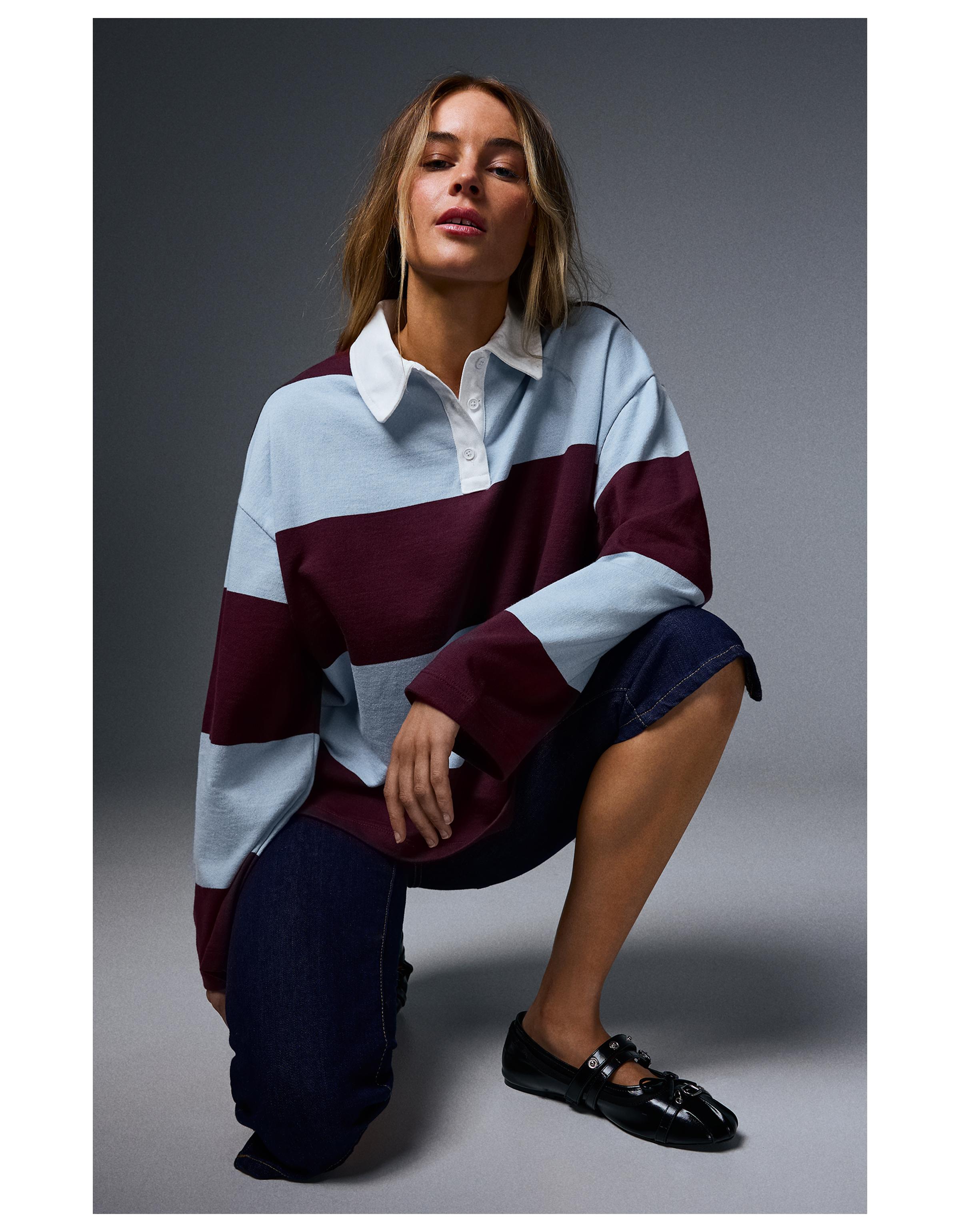Long sleeve striped polo shirt — Burgundy