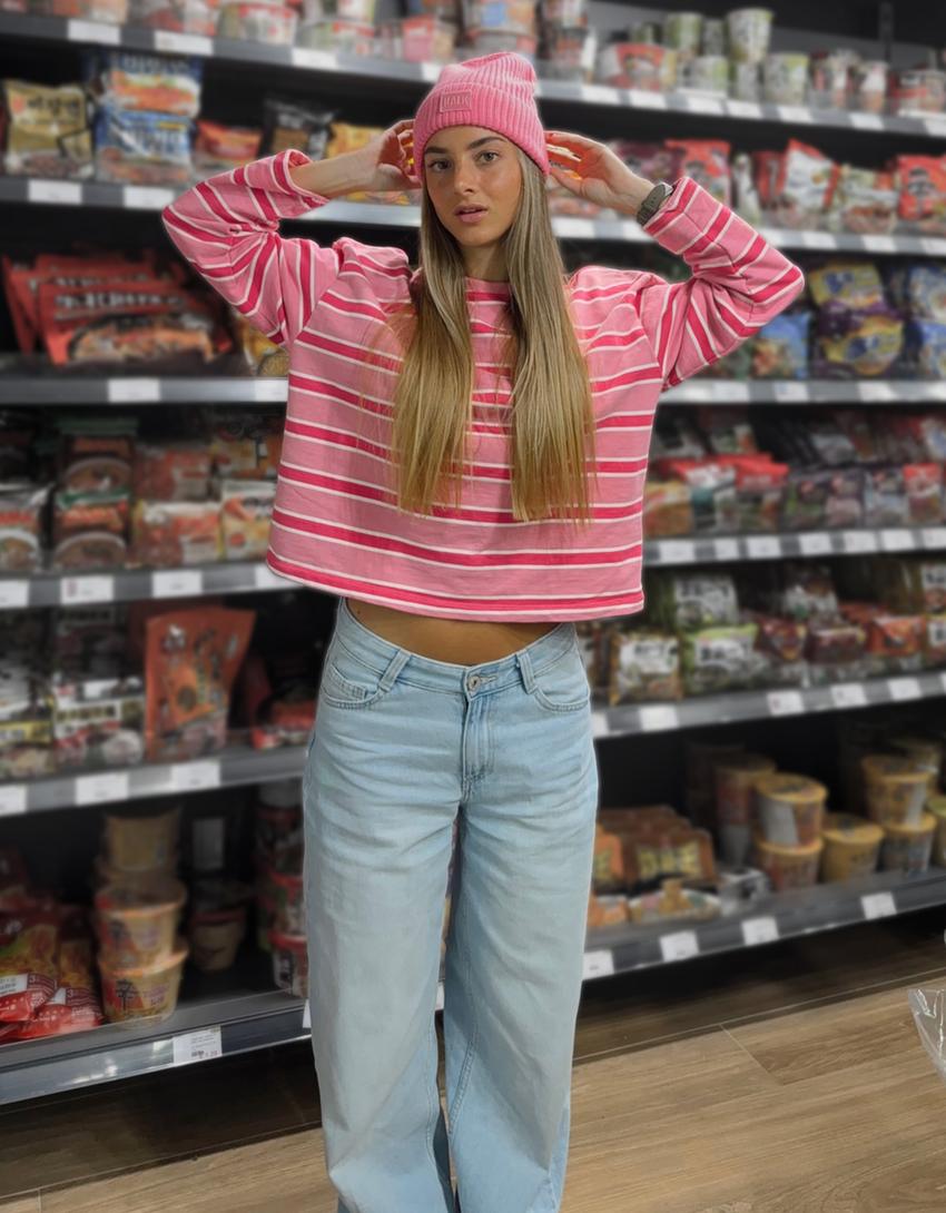 Striped crew neck sweater-Pink