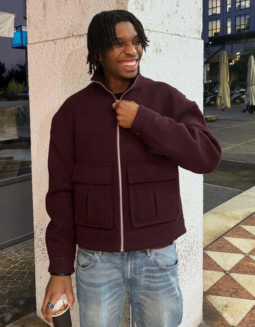 Felt texture jacket with zip-Burgundy