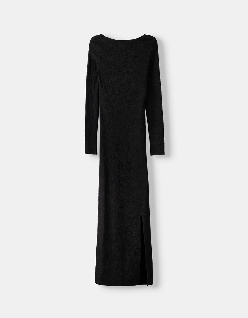 فستان متوسط الطول بحياكة وافل وأكمام طويلة-أسود-4