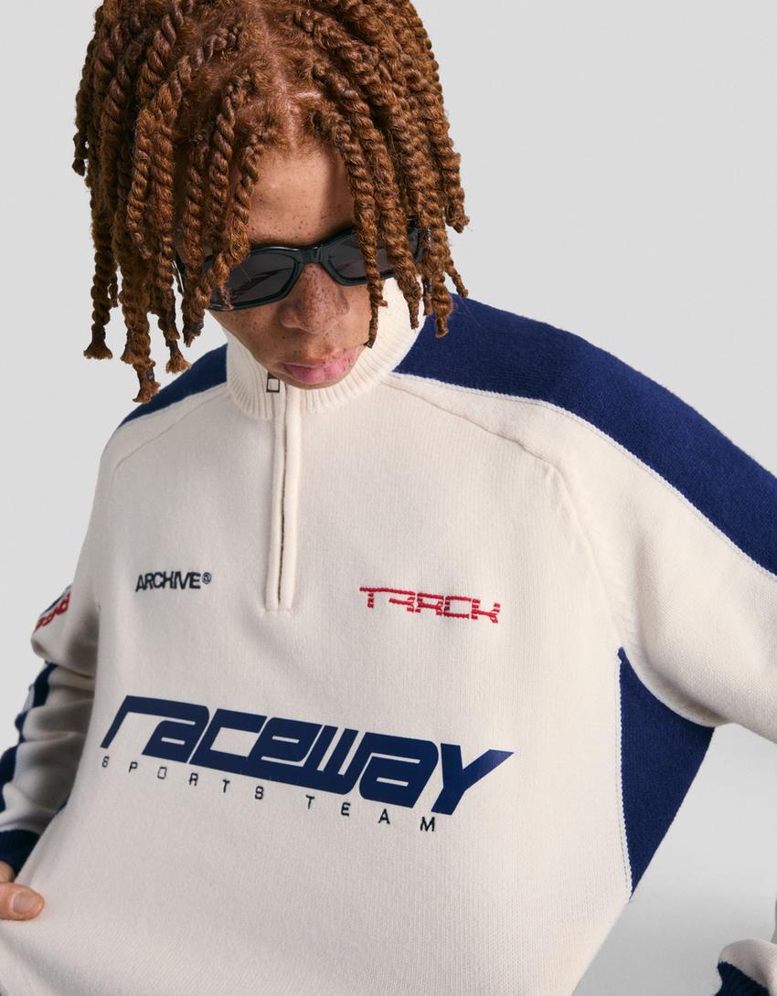 Pull col zippé imprimé-Blanc cassé