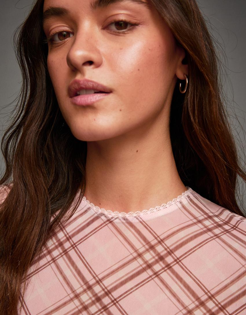 Printed short sleeve tulle T-shirt-Pink