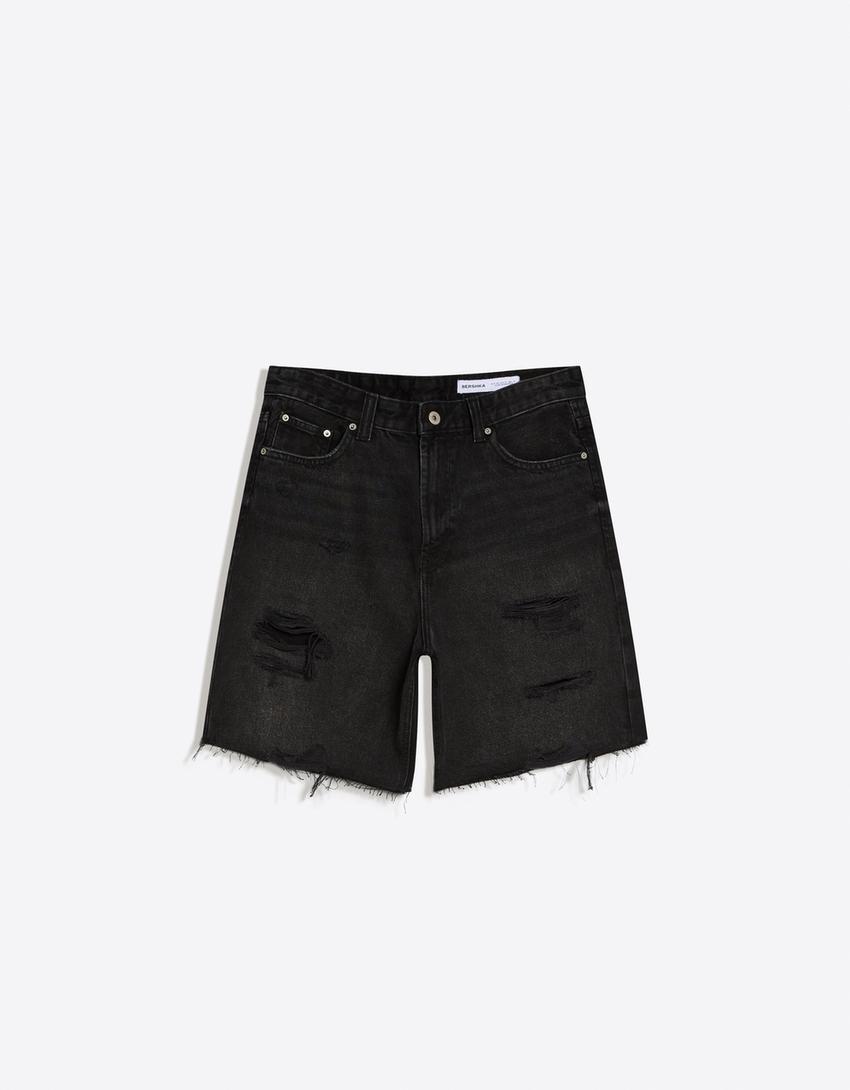 Ripped denim Bermuda shorts-Black