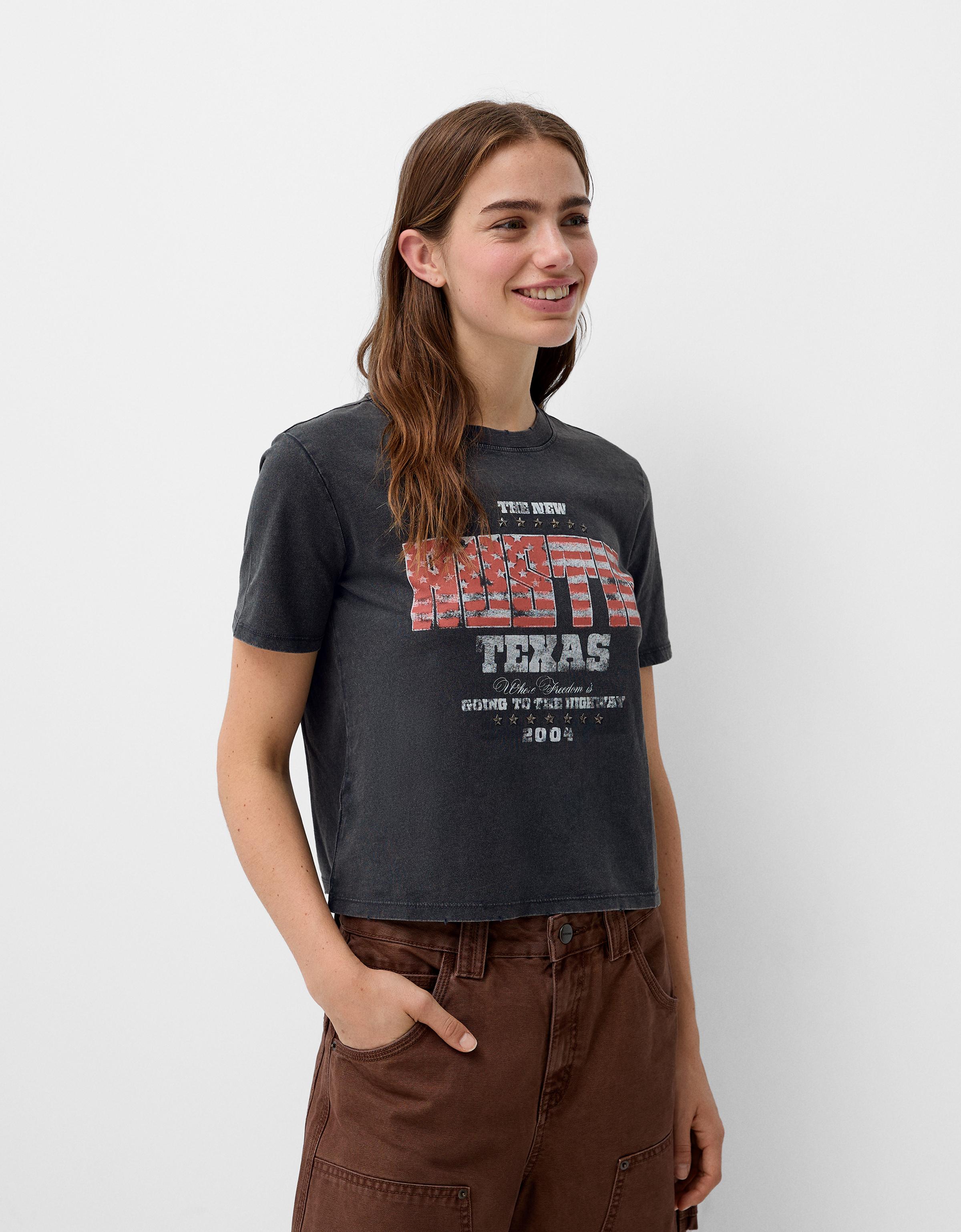 Bershka T-Shirt Mit Print Damen Xs Grau