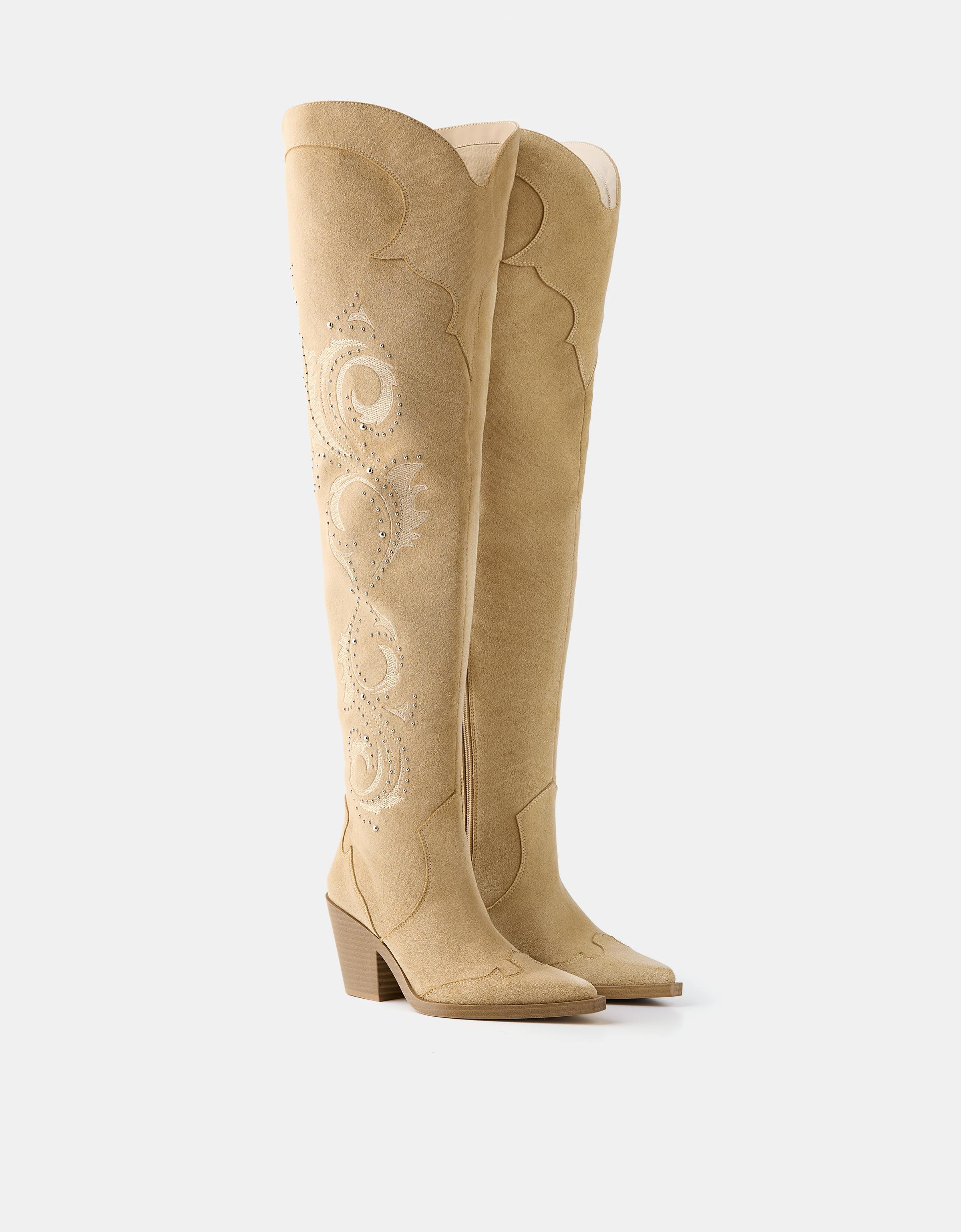 Bershka Langschaftstiefel Im Cowboylook Mit Absatz Damen 40 Beige