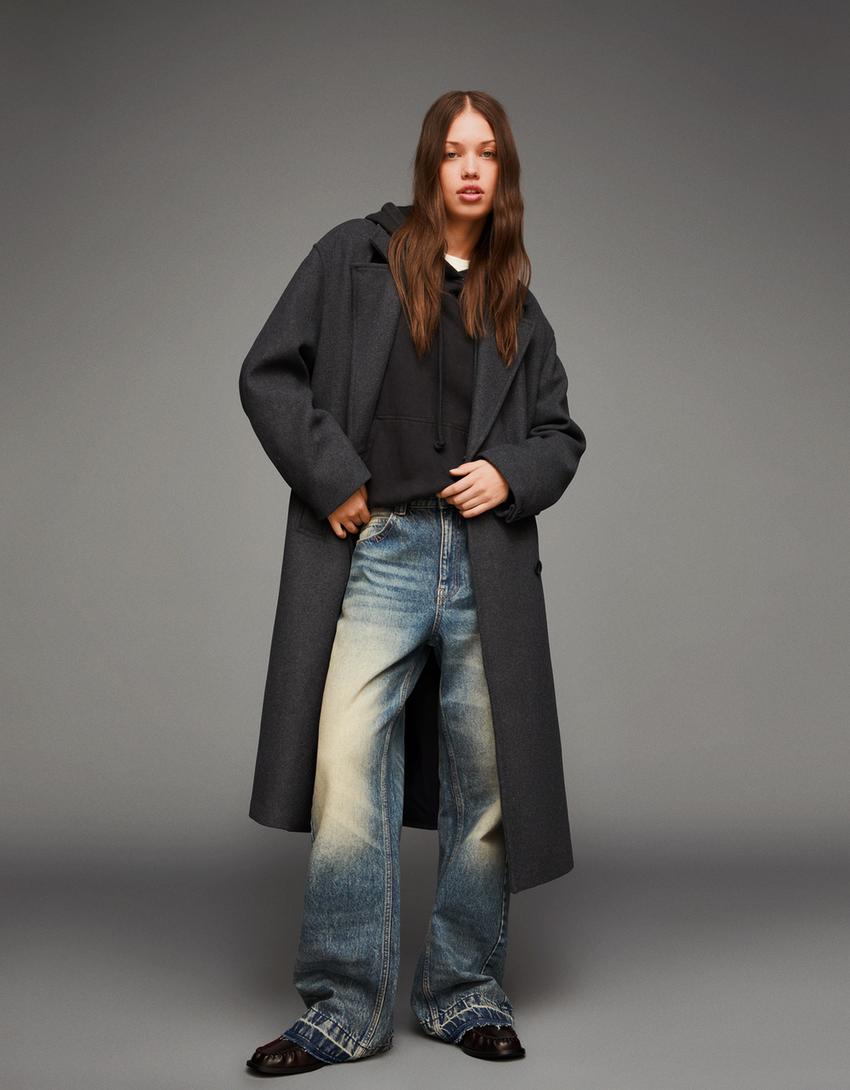 Manteau long épaule tombante-Gris foncé