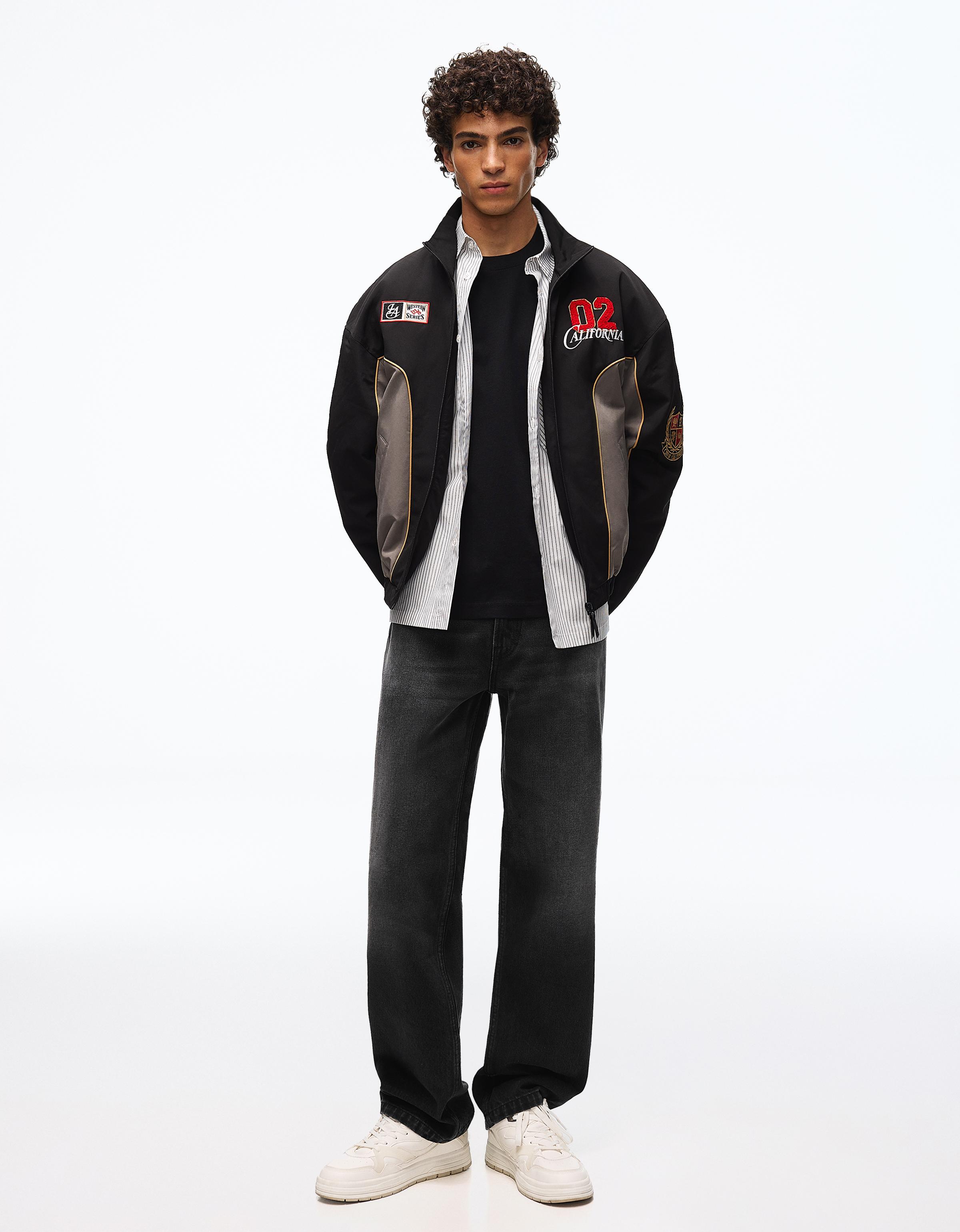 Bershka Jeans Straight Wide Hombre Negro