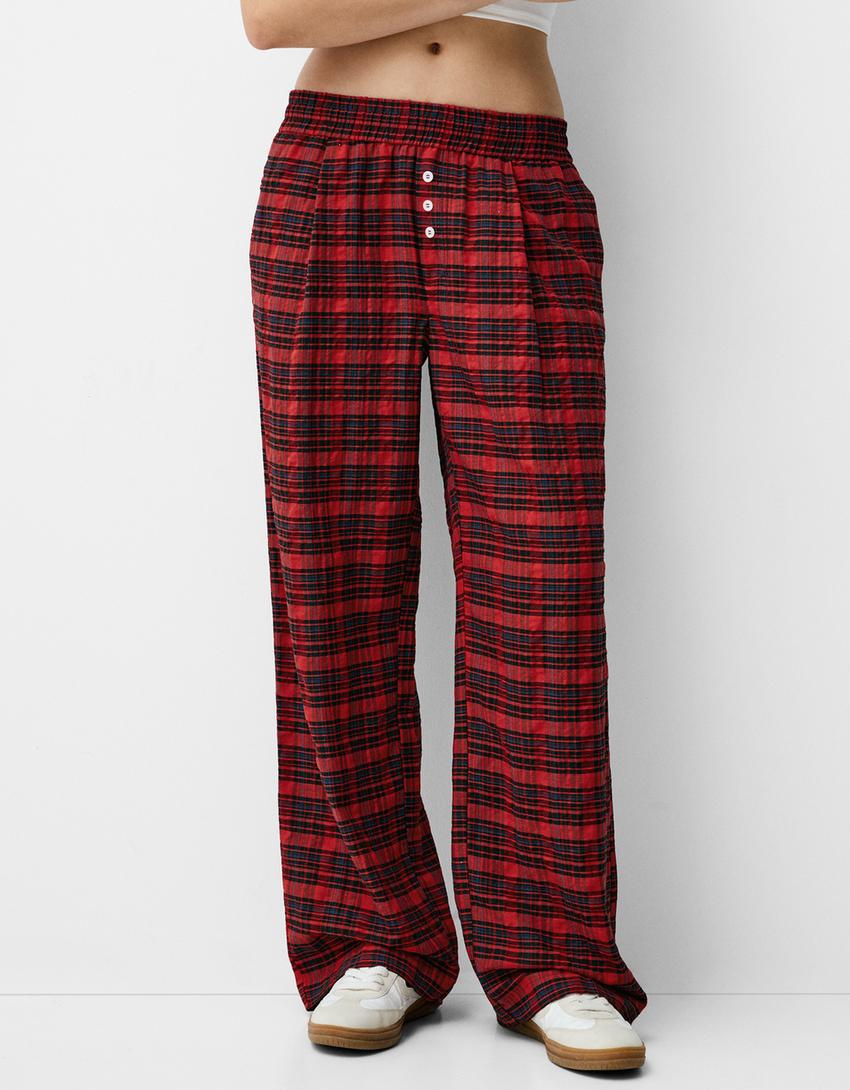 سروال بقصة مستقيمة ونقشة مربعات-أحمر-1