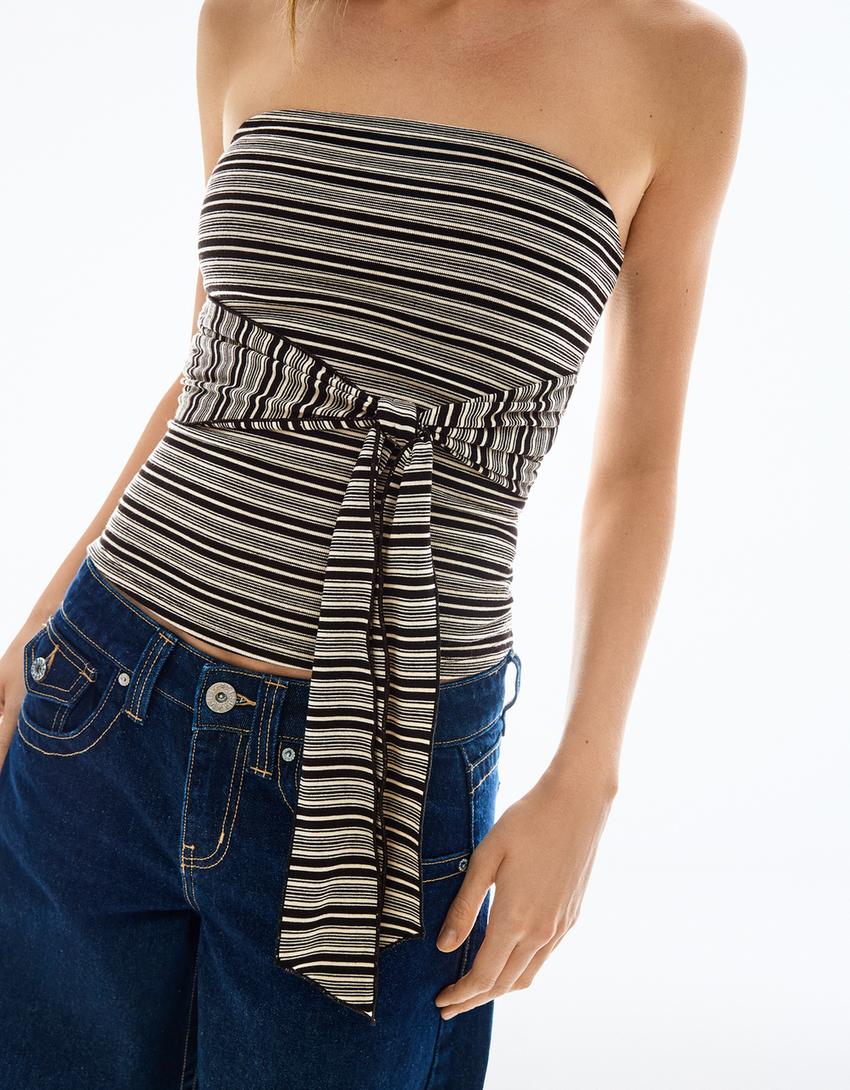 Bandeau top with tie detail-White / Black