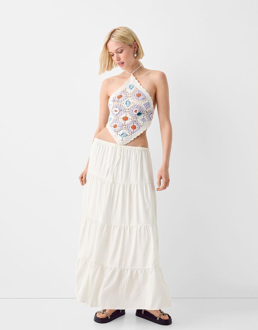 Midi skirt with elastic waist-White-0