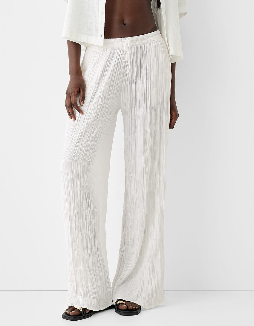 Pantalon wide leg effet froissé-Écru-1