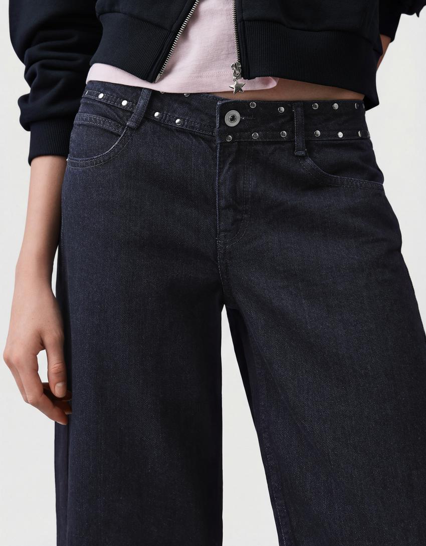 Jean baggy taille basse à clous-Marine
