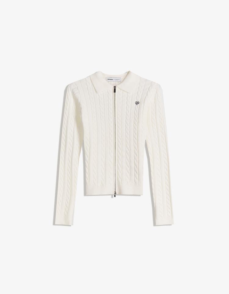Cable-knit polo collar cardigan