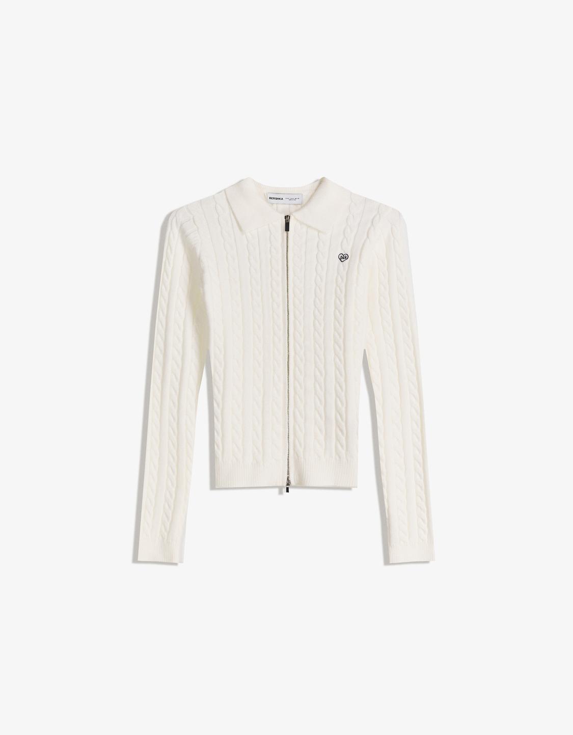 Cable-knit polo collar cardigan