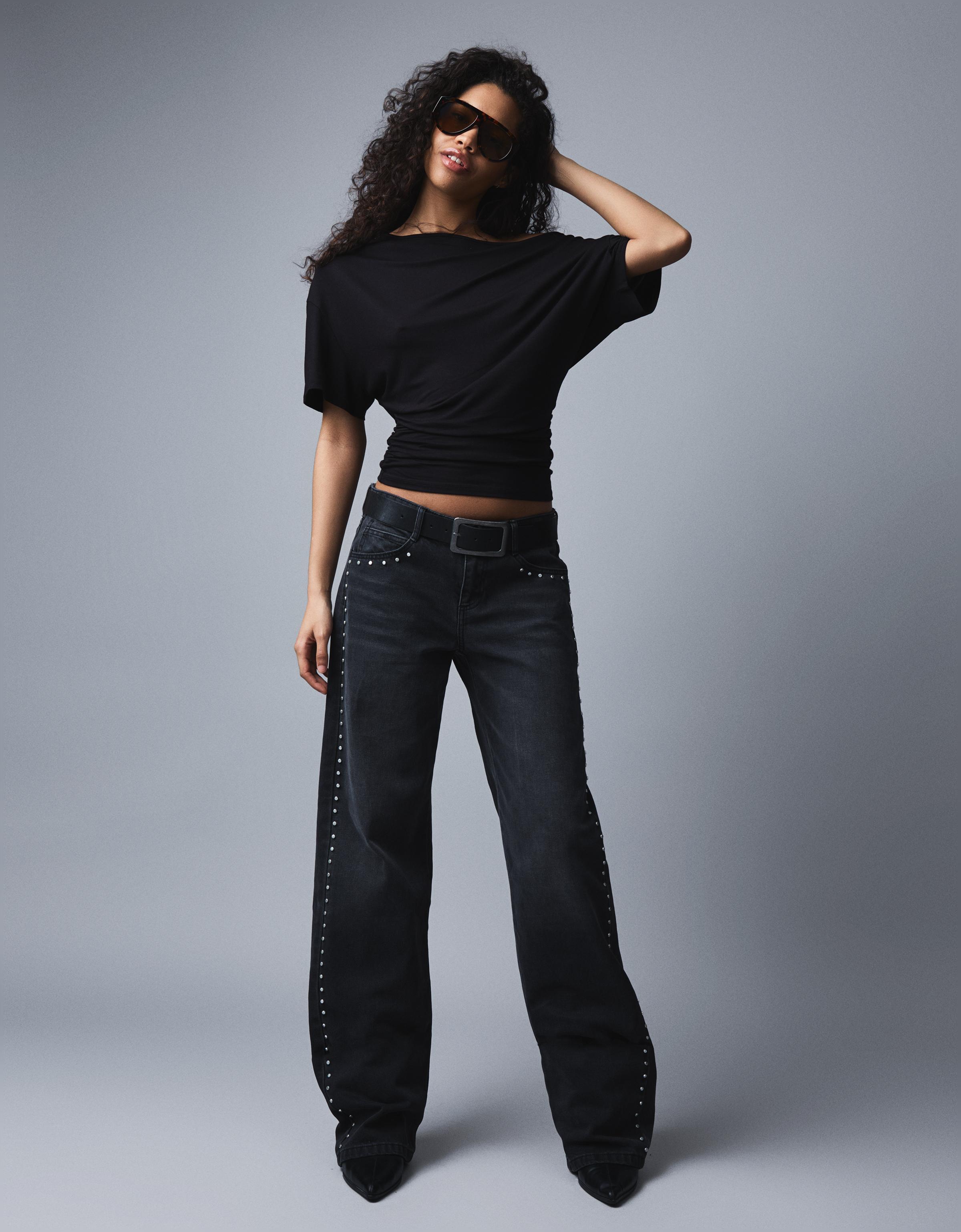 Yıldız cepli zımbalı düşük bel baggy fit jean - Görsel 3