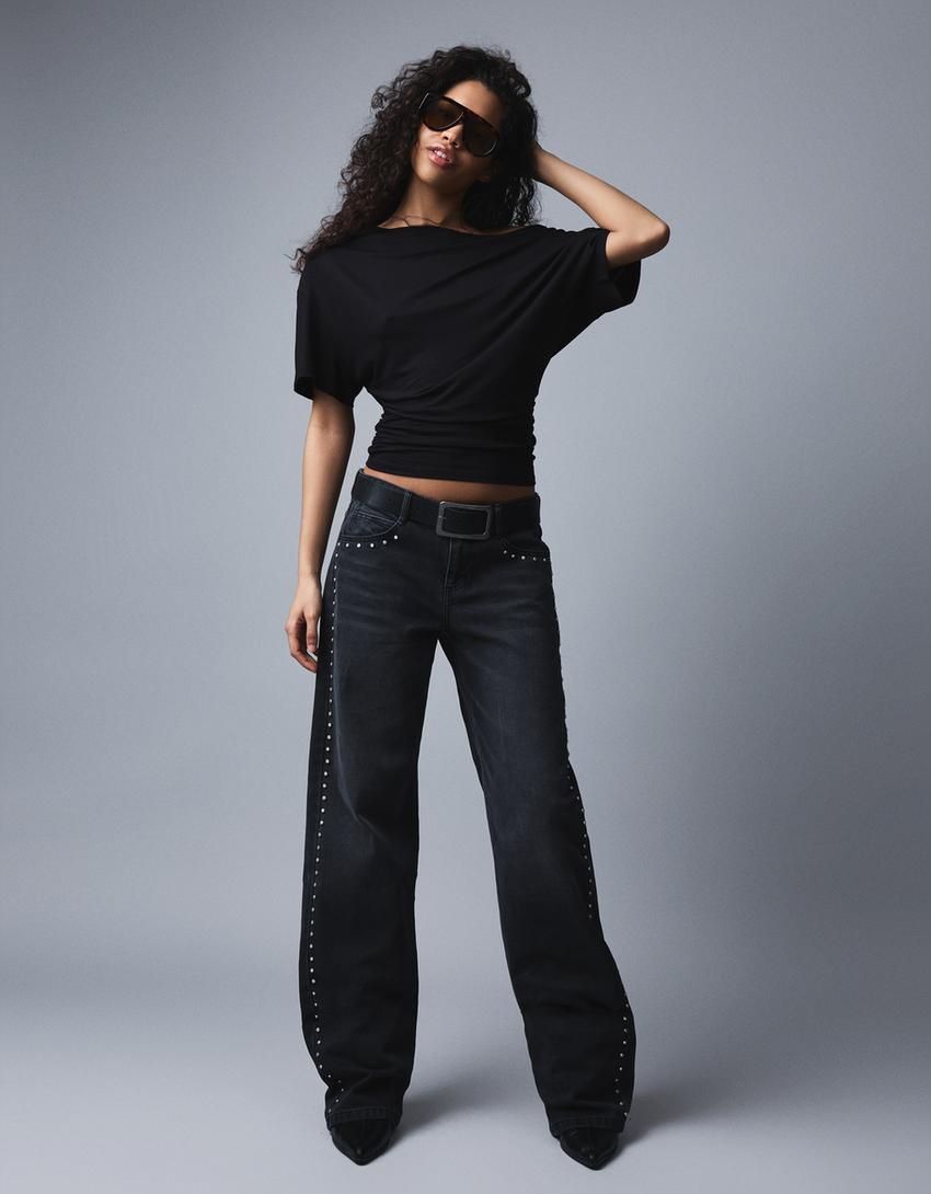 Jeans baggy tiro bajo tachas bolsillos estrellas-Negro