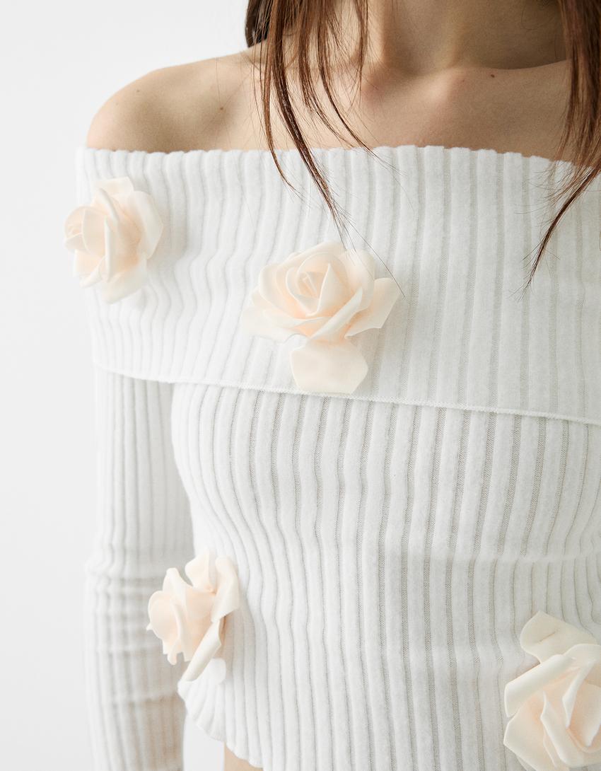 Ribbed long sleeve Bardot T-shirt-Cream-6