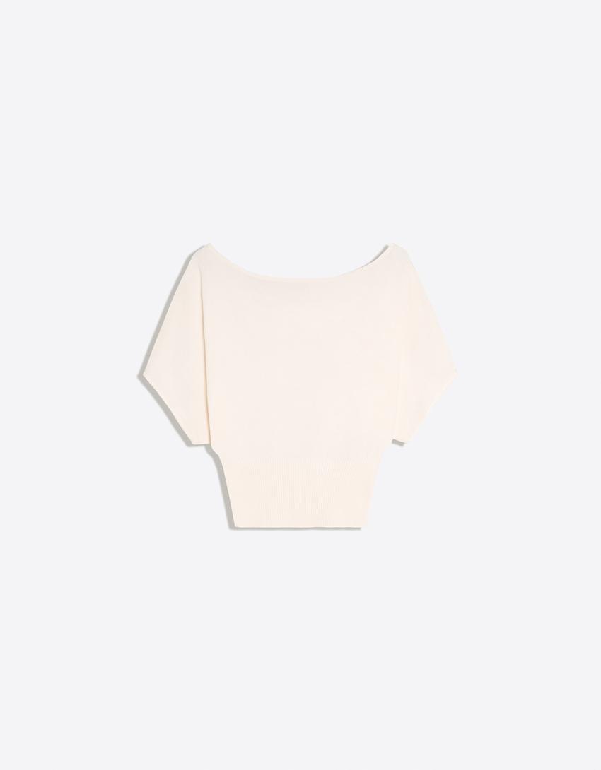 Asimetrik yaka t-shirt-Krem