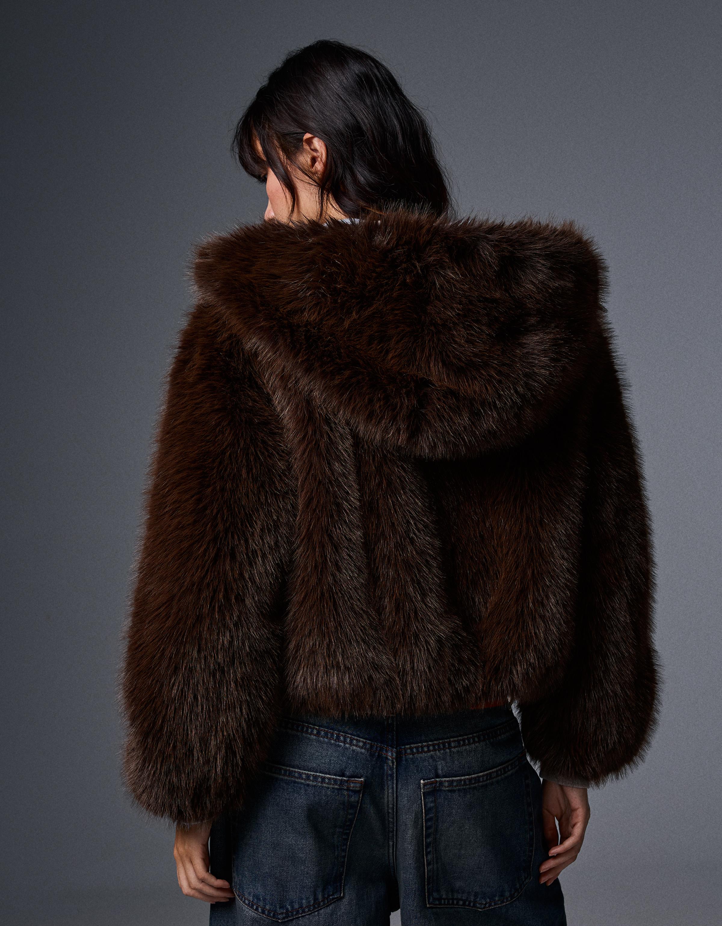 Faux fur hooded jacket — Brown