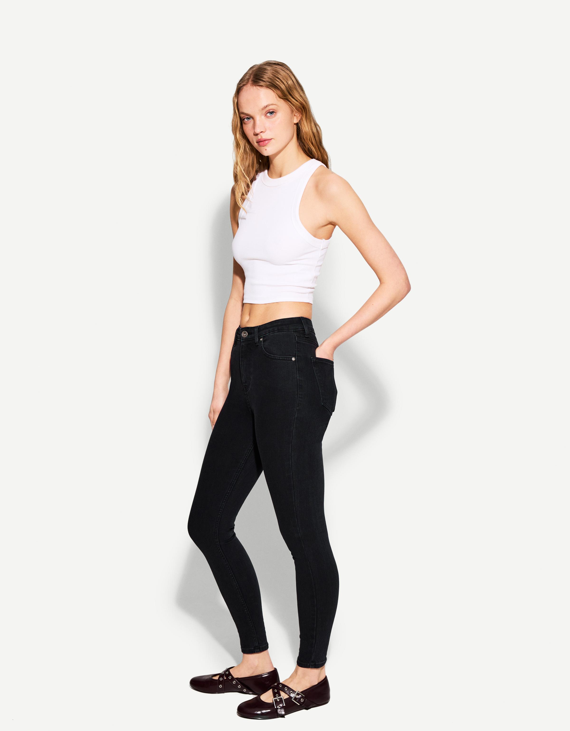 Bershka Skinny-Jeans Mit Sehr Hohem Bund Damen 38 Schwarz