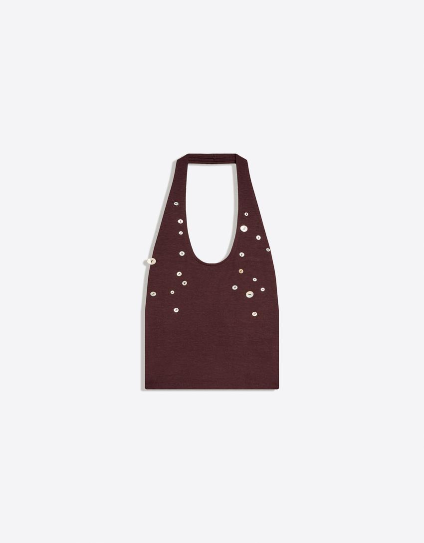 Halter top with buttons-Brown