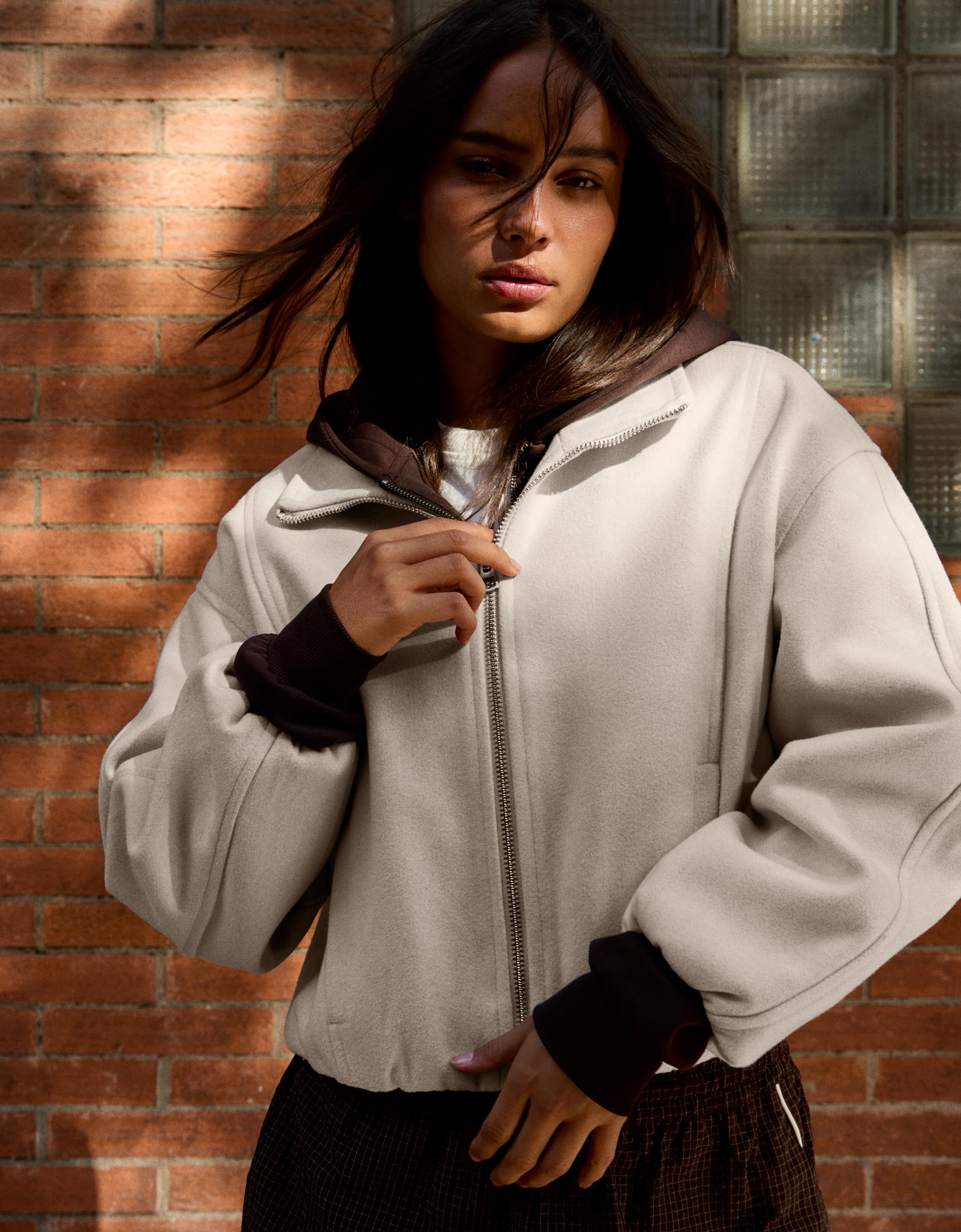 Felt-effect jacket with gathered hem — Cream