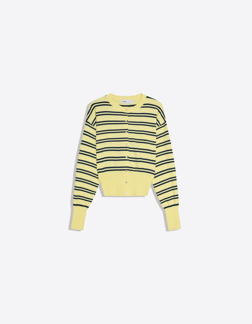Striped crew neck button-up jacket-Yellow