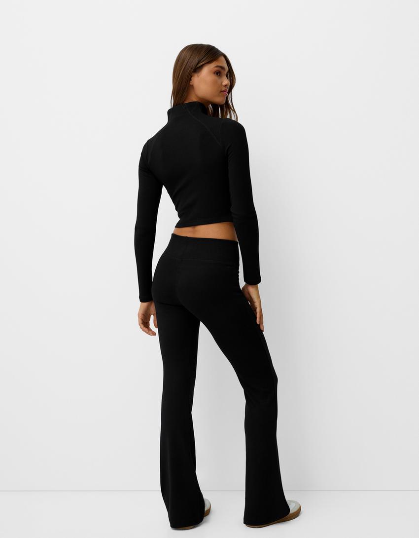 Flared broek met geribbelde taille-Zwart-2