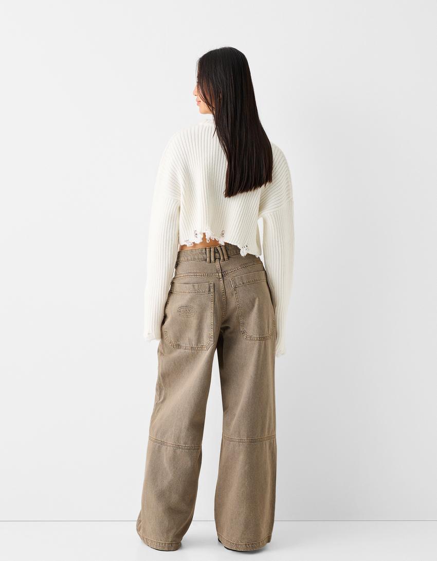 Wide-leg skater-fit twill trousers-Brown-2