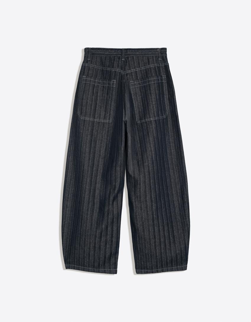Striped texture baggy jeans-Navy