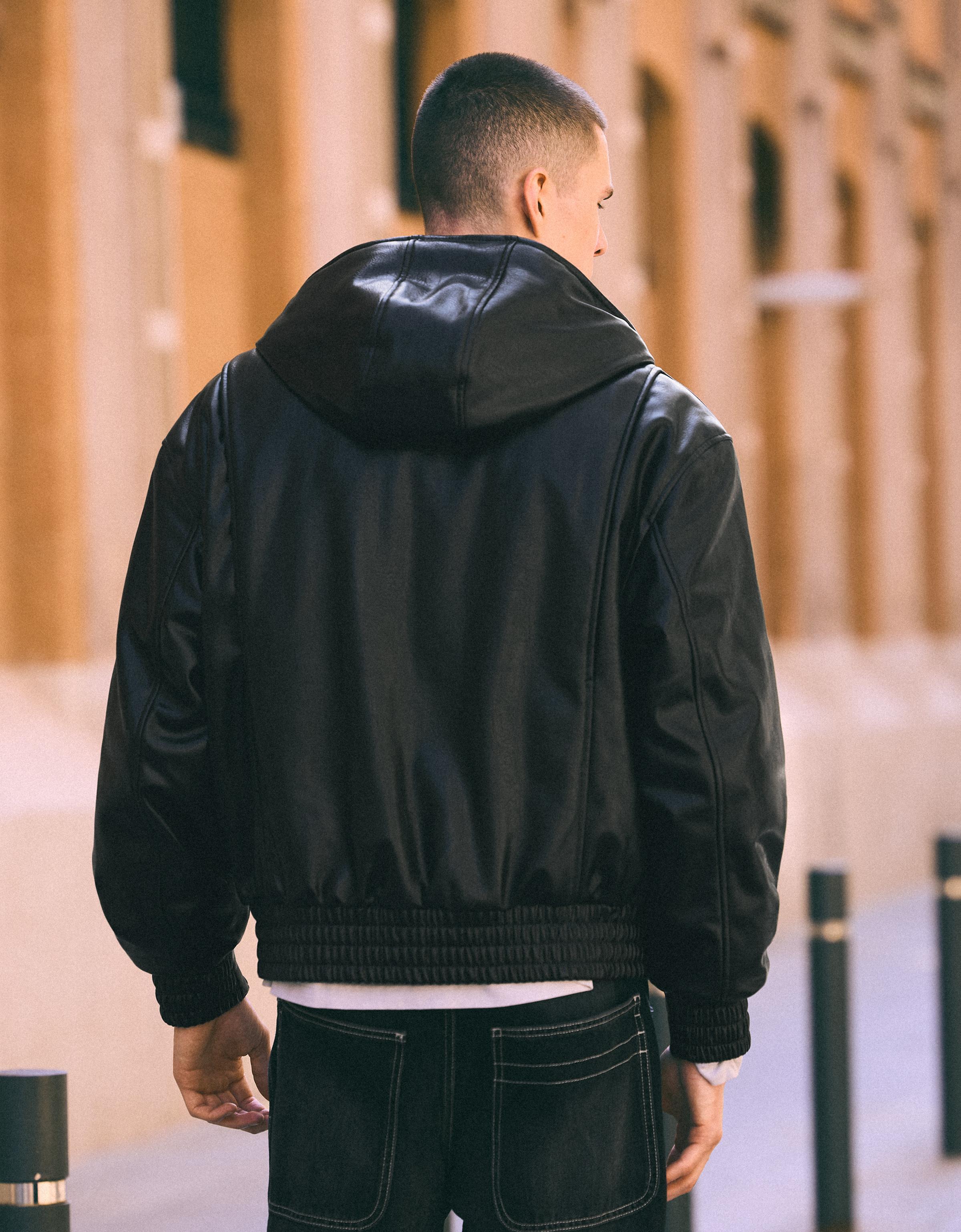 Hooded leather effect jacket — Black