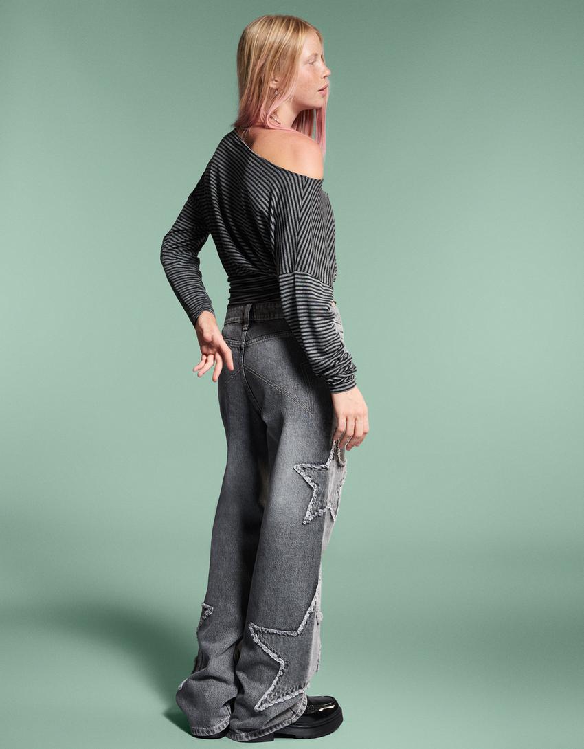 T-shirt à manches longues à rayures façon ceinture-Gris foncé-1