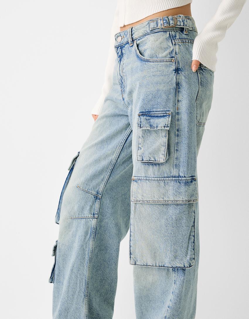 Multi-pocket cargo jeans-Light blue-3